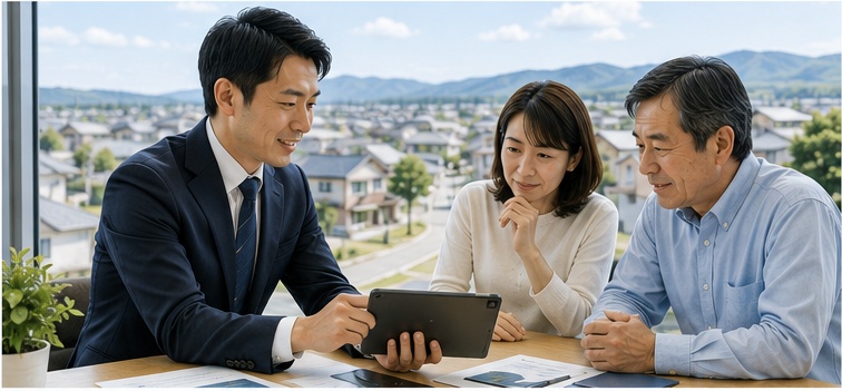 不動産の査定内容をタブレットで説明する相談風景