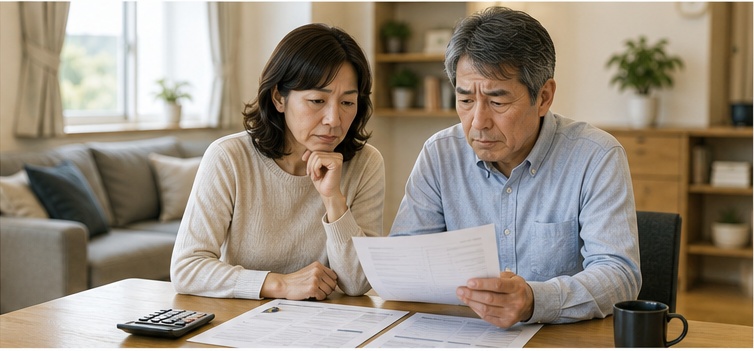 自宅の売却について書類を見ながら悩む夫婦